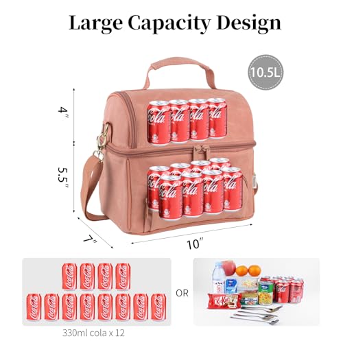 Waxed Canvas Lunch Bag with 2 XL Ice Packs, Canvas Lunch Box, Lunch Cooler for Men Work, 10.5L 2 Compartments Insulated Leakproof Cooler Bags for Camping, Beach and Road Trips - color: Mellow Rose