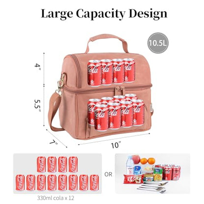 Waxed Canvas Lunch Bag with 2 XL Ice Packs, Canvas Lunch Box, Lunch Cooler for Men Work, 10.5L 2 Compartments Insulated Leakproof Cooler Bags for Camping, Beach and Road Trips - color: Mellow Rose