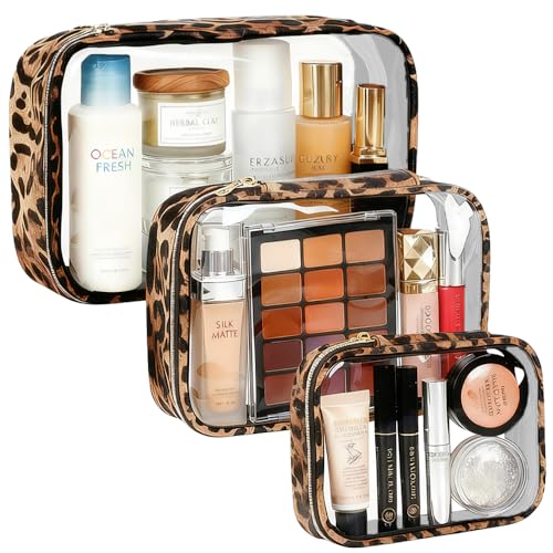 3 Pack Clear Makeup Bags for Women, TSA Approved Toiletry Bag Set for Travel Size Toiletries Carry on Travel Organizer Bags Waterproof Cosmetic Case Zipper Pouch Set Car Accessories Essentials - color: Leopard