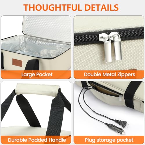 Food Warmer Electric Casserole Carrier - Large Heated Lunch Bag for Car Truck, 12V/24V/110V, Thermos for hot food for Potluck Cookouts Parties Picnic,Lasagna Lugger,Fits 9"x13" Baking Pan (Beige) - size: Beige
