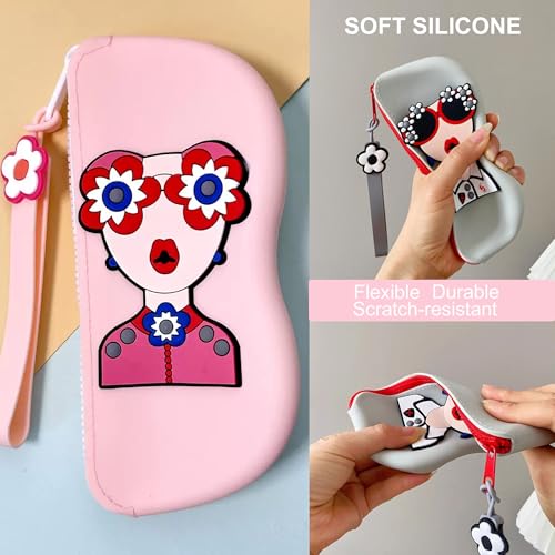 Longjet Soft Silicone Eyeglasses Pouch Case for Glasses and Sunglasses with Zipper Closure and Wristlet Strap - color: Pink