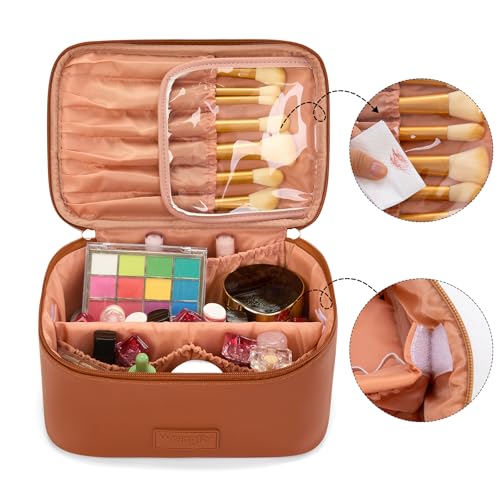 Montana West X Wrangler Travel Makeup Bag 2pcs Set Large Cosmetic Bag with Makeup Brush Holder Portable Make Up Organizer Cute Toiletry Bag with Divider and Handle for Women - color: Light Brown