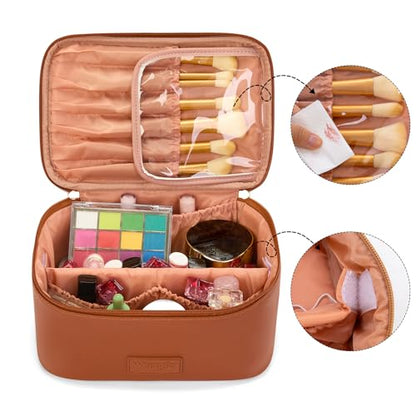 Montana West X Wrangler Travel Makeup Bag 2pcs Set Large Cosmetic Bag with Makeup Brush Holder Portable Make Up Organizer Cute Toiletry Bag with Divider and Handle for Women - color: Light Brown