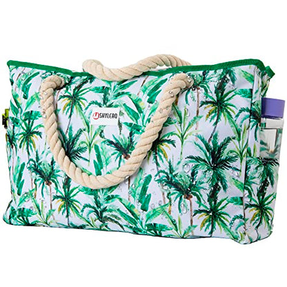 Beach Bag and Pool Bag Has Cooler Pocket, 7 Pockets Total, Zip Top. Family Size Waterproof Beach Tote - color: Palm Leaves