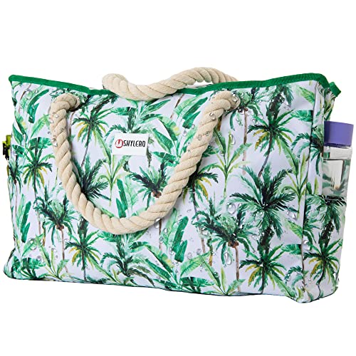 Beach Bag and Pool Bag Has Cooler Pocket, 7 Pockets Total, Zip Top. Family Size Waterproof Beach Tote - color: Palm Leaves