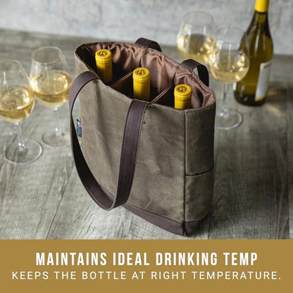 PICNIC TIME 2 and 3 Bottle Insulated Wine Bag, Distressed Waxed Canvas Wine Tote, Durable Bottle Carrier Bag for Gifts and Travel with Side Pockets & Removable Divider (Khaki Green with Brown Accents) - style: 3 Bottle