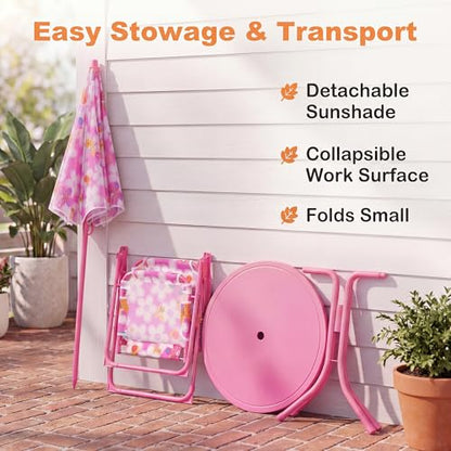 HONEY JOY Kids Picnic Table, Animal Themed Toddler Outdoor Table and Chair Set, 2 Folding Chairs & Removable Umbrella, Children Outdoor Furniture for Backyard Patio Garden (Pink Bee) - color: Pink Bee