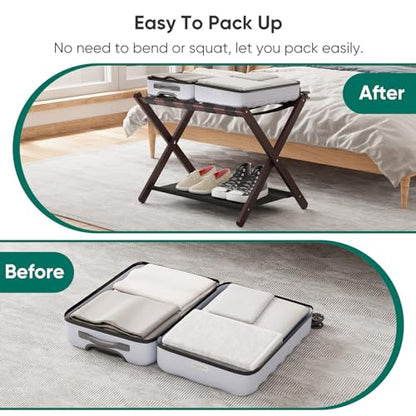 Smuxee Brown Bamboo Luggage Rack for Guest Room, Foldable Suitcase Stand with Storage Shelf, Easily Assembled Luggage Stand with 5 Nylon Straps for Guest Room Bedroom Hotel - color: Brown 1PCS