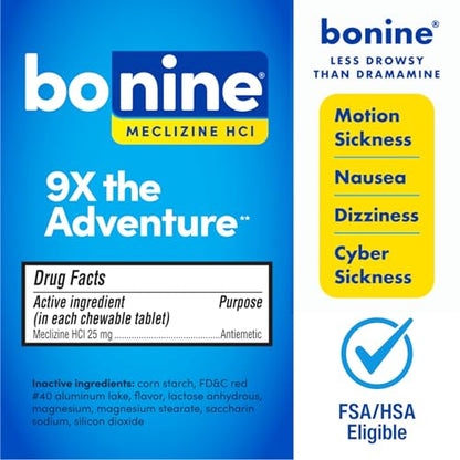 Bonine Non-Drowsy Motion Sickness Relief - 32 Chewable Tablets with Meclizine HCL 25mg - Non Drowsy Medicine for Nausea or Motion Sickness - Cruise Essentials - Raspberry Flavor - size: 2x 16 Count