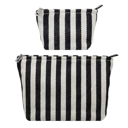 Travel Makeup Bag Set of 2, Preppy Striped Makeup Pouches for Purse, Jacquard Cosmetic Bags with Smooth Zipper Soft Lining, for Cosmetic Car Organizer, Daily, Gifts, Portable Large & Small Toiletrys - style: Striped Black Canvas