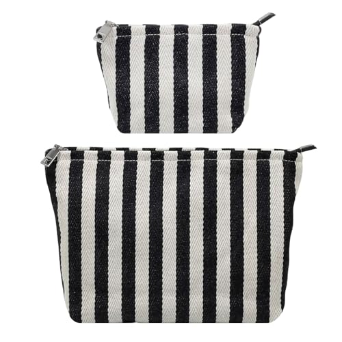 Travel Makeup Bag Set of 2, Preppy Striped Makeup Pouches for Purse, Jacquard Cosmetic Bags with Smooth Zipper Soft Lining, for Cosmetic Car Organizer, Daily, Gifts, Portable Large & Small Toiletrys - style: Striped Black Canvas