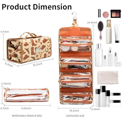ROYALFAIR Roll Up Makeup Bag, Travel Toiletry Bag for Women with 4 Clear TSA Approved Pouches, Hanging Travel Organizer, Folding Cosmetic Bag for Men and Women - color: cowboy