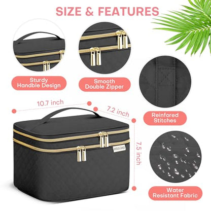 HXLGMD Large Makeup Bag with Mirror Double Layer Travel Make Up Organizer Case, Large Capacity Coemetic Bag with Brush Slot Divider - color: Black