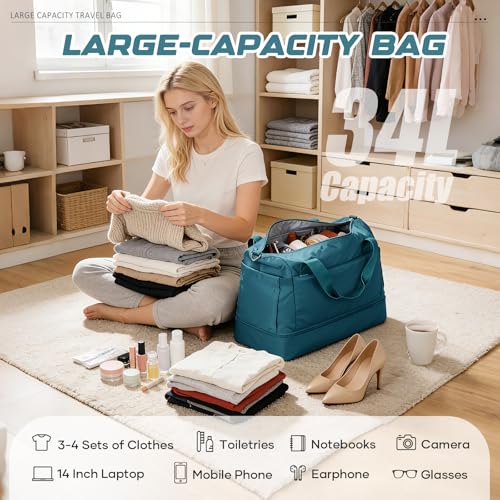 Travel Duffel Bag with Shoe Compartment, Large Weekender Bags for Women Men with Trolley Sleeve for Airplane, Waterproof Carry on Bag Sport Tote Bags Hospital Holdalls, Peacock Blue - color: A1-Blue with Shoe Compartment