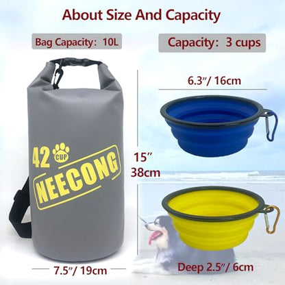 Dog Food Travel Bag With Collapsible Travel Big Bowls(800ml), 42 Cup Dog Food Storage System for Camping, Daily -10L Dog Food Dry Bag - color: Yellow-gray