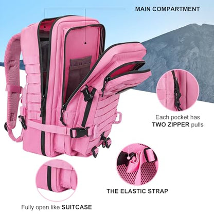 Hannibal Tactical MOLLE Assault Backpack, Tactical Backpack Military Army Camping Rucksack, 3-Day Pack Trip w/USA Flag Patch, D-Rings, Pink - color: Pink