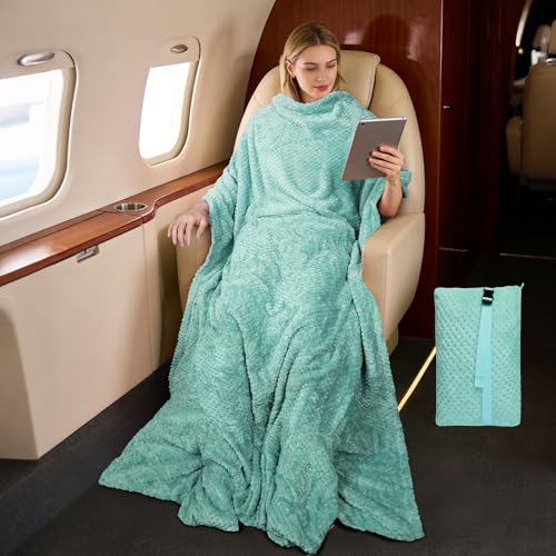 Tirrinia Travel Blanket and Pillow Set, Soft Compact Airplane Blanket with Foot Pockets, 4-in-1 Travel Essentials for Women Men, Portable Travel Gifts for Her, Travel Blanket for Airplanes, Cars - color: Aqua Honeycomb