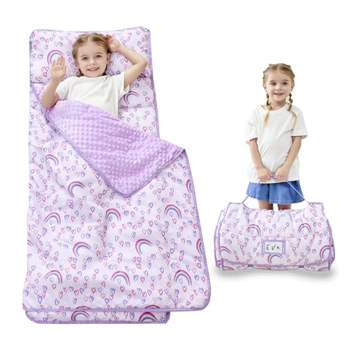 Lasoftan Toddler Nap Mat with Pillow and Blanket, Extra Large Rolled Napping Mats,Slumber Bags for Boys Girls,Kids Sleeping Bag for Daycare, Preschool Travel Camping - color: Rainbow