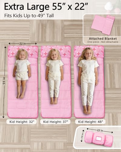 Primlect Toddler Nap Mat with Removable Pillow and Fleece Blanket, Extra Large 55''x35'' Sleeping Bag, Washable, Light, Easy to Roll up, Perfect for Daycare, Preschool, Kindergarten, Travel - color: Pink Butterfly