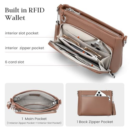 befen Anti Theft Genuine Leather Crossbody Bags for Women Handbags and Shoulder Basg with Built in Wallet RFID Leather Purse - color: Mocha