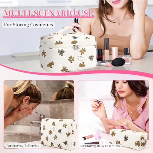 3PCS Coquette Makeup Bag,Quilted Cosmetic Bag Large Make Up Bag Set,Quilted Portable Toiletry Organizer Bag,Cotton Travel Skincare Bag for Women Girls (03-Brown Bear) - style: 03-brown Bear