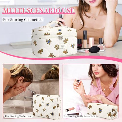 3PCS Coquette Makeup Bag,Quilted Cosmetic Bag Large Make Up Bag Set,Quilted Portable Toiletry Organizer Bag,Cotton Travel Skincare Bag for Women Girls (03-Brown Bear) - style: 03-brown Bear
