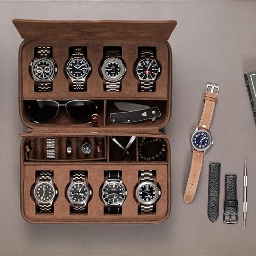 ROTHWELL 8 Watch Travel Case Storage Organizer for 8 Watches, Sunglasses, Rings & Cufflinks |Tough Portable Protection with Zipper Fits Most Wristwatches & Smart Watches Up to 50mm (Tan/Brown) - color: Tan/Brown