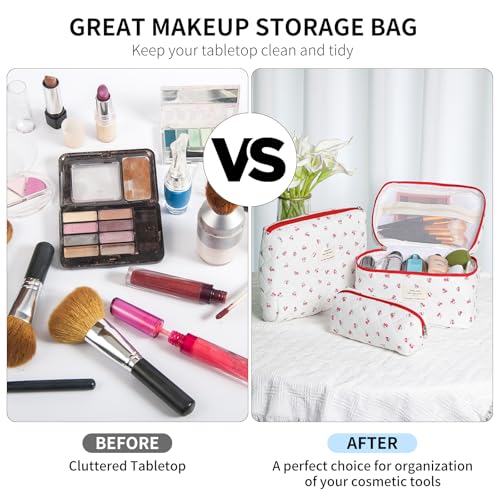 senbowe Floral Makeup Bag, 3 Pack Large Cotton Quilted Makeup Bag Set, Cute Floral Coquette Aesthetic Toiletry Bag Make Up Cosmetic Bag for Women, Toiletry Travel Make Up Organizer Bag - color: Red Cherry