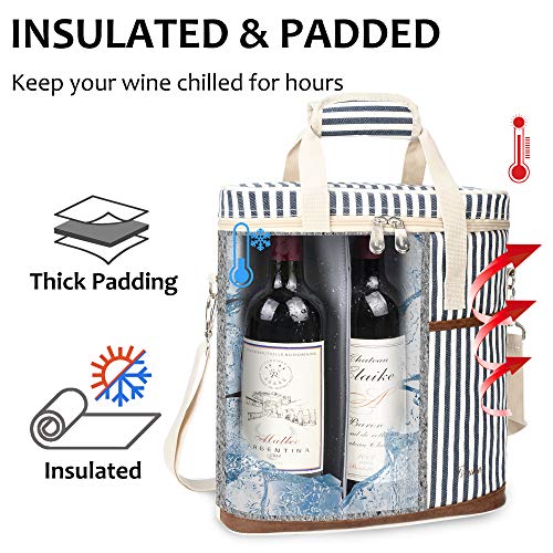 Tirrinia Insulated Wine Gift carrier - 3 Bottle Travel Padded Wine Carry Cooler Tote Bag with Handle and Adjustable Shoulder Strap, Stripe - color: Blue Stripe