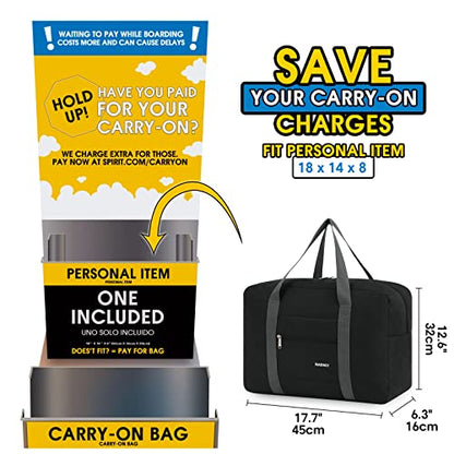 For Spirit Airlines Personal Item Bag Foldable Travel Duffel Bag Tote Carry on Luggage Duffle Overnight for Women and Men - color: 1112-Thick Series Black