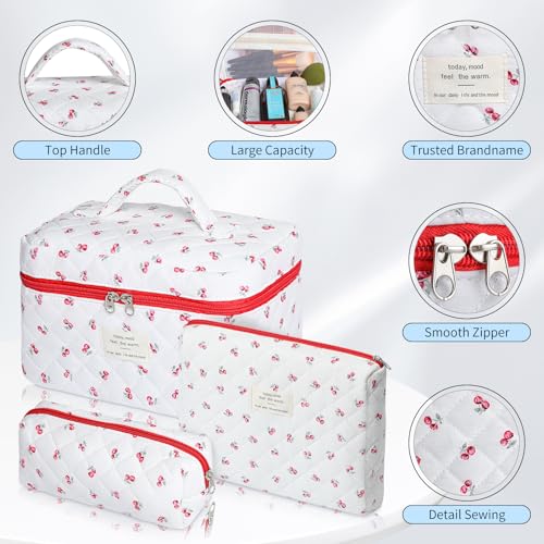 senbowe Floral Makeup Bag, 3 Pack Large Cotton Quilted Makeup Bag Set, Cute Floral Coquette Aesthetic Toiletry Bag Make Up Cosmetic Bag for Women, Toiletry Travel Make Up Organizer Bag - color: Red Cherry