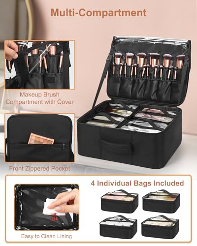 Relavel Makeup Bag Travel Train Case Makeup Backpack with 4 Clear Bags & Makeup Brush Case, Professional Makeup Artist Kit Set Bags, Cosmetics Storage Organizer Box with Adjustable Dividers, Black - color: Black with clear brush case
