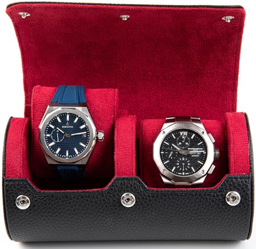 2 Watch Travel Case for Men – Leather Roll Organizer & Storage Box, Fits Watches up to 55mm | Removable Cushions | Gift Ready (Black/Wine) - color: Ink Black / Wine