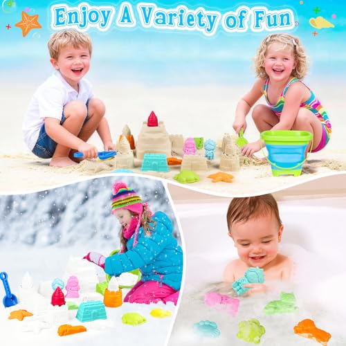 Collapsible Beach Toys for Kids Toddlers, Foldable Sand Bucket and Shovels Set with Mesh Bag & Sand Castle Building Kit, Travel Sand Toys for Beach Essentials, Sandbox Toys for Baby Kids Age 3-10