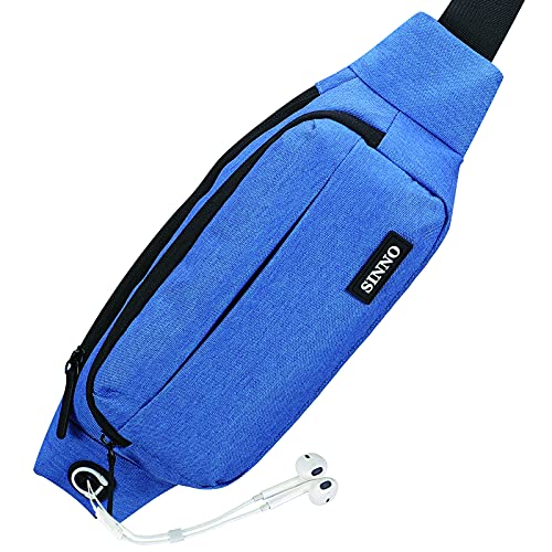 SINNO Large Crossbody Fanny Pack for Women Men Belt Bag With 4-Zipper Pockets for Travel Running Hiking Workout Dog Walking Outdoors Sport Fishing Waist Pack Bag Carrying All Phones - color: Blue(4 Zipper Pockets)