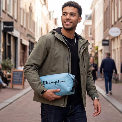 Champion - Hanging Toiletry Bag - Travel Sized Polyester Bag — Water-Resistant, Cosmetics Organizer Bag with Two Compliant Bottles - Lightweight Portable Zipped Bag for Unisex – Blue - 10"x3.9"x3.9" - style: Cendre Blue
