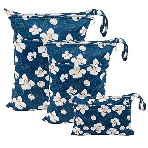babygoal Wet Dry Bags for Baby Cloth Diapers, Washable Travel Bags, Beach, Pool, Gym Bag for Swimsuits & Wet Clothes with Two Zippered Pockets 3 Pack(S,M,L), 3SML02 - color: Flower 01