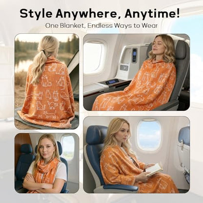 Travel Blanket Airplane - Ultra Soft & Lightweight Knit Design Compact Airplane Blanket,53x72 Inch,Stylish Travel Shawl Wraps for Flights,Office,Home Use,Travel Essentials & Gifts - color: Orange Cat Print