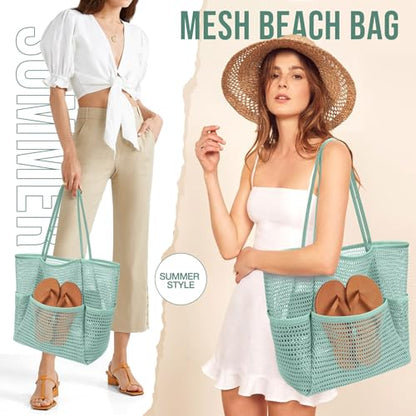 KPX Beach Bag with Mini Pocket, Summer Beach Tote Bags for Women Large Foldable Mesh Swimming Pool Travel Bags - Sandproof - color: Ash Green
