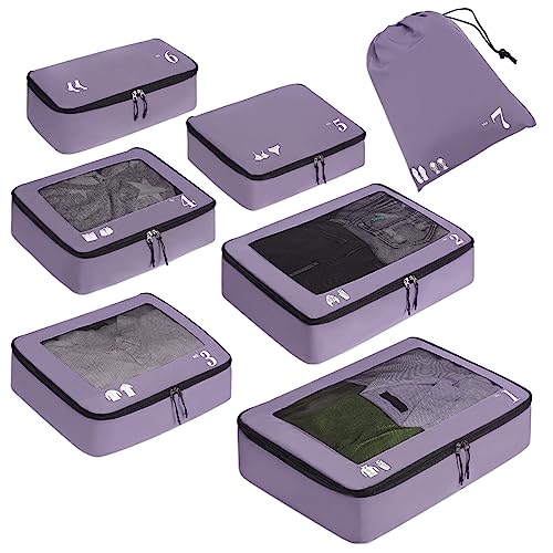 ECOHUB 7 Set Packing Cubes Tear-Resistant Luggage Packing Organizers with Number Icon for Travel Accessories Luggage Suitcase Machine Washable Packing Cubes (Purple) - color: Purple-No Compress, size: 7 Set Packing Cubes