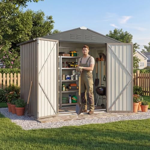 Devoko 6 x 4 FT Metal Storage Sheds with Floor Frame, Waterproof Garden Tool Shed with Lockable Door, Outdoor Utility Shed for Backyard Patio Lawn, Brown - color: Brown, size: 6x4 FT with Floor Frame