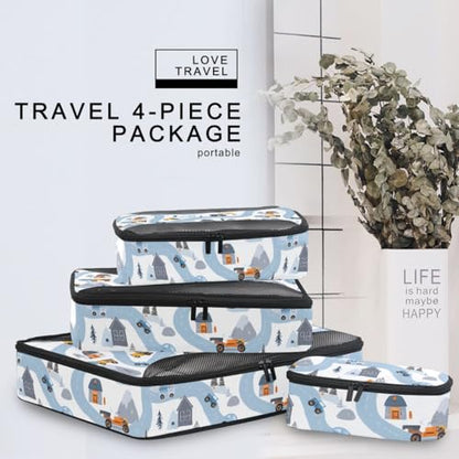 Blue Road Vehicle Compression Packing Cubes for Travel Luggage Suitcase Packing Organizers Bags Carry On Lightweight 4 Set