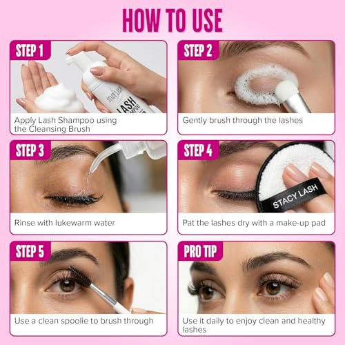 STACY LASH Lash Shampoo 100ml Kit Korean Makeup Remover/Foaming Cleanser with Eye Lash Spoolies & Rinse Bottle & Cleansing Pad & Brush for Eyelash Extensions & Clusters & Natural Eyelashes - color: Shampoo Kit