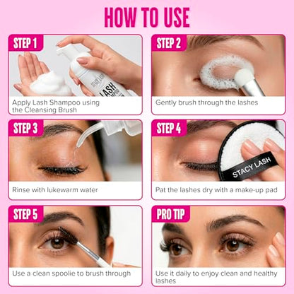 STACY LASH Lash Shampoo 100ml Kit Korean Makeup Remover/Foaming Cleanser with Eye Lash Spoolies & Rinse Bottle & Cleansing Pad & Brush for Eyelash Extensions & Clusters & Natural Eyelashes - color: Shampoo Kit