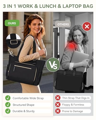 HOMESPON Lunch Bag, 24.5L Large Tote Bag for Women, Laptop Bag Fits 15.6" with Insulated Lunch Compartment & Shoulder Strap, Work Tote for Nurse, Teacher, Office, Commute, Travel, Black - color: Black
