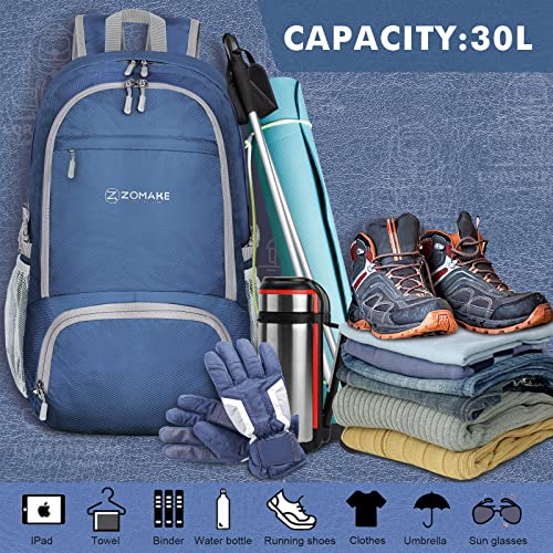 ZOMAKE Lightweight Packable Backpack 30L, Foldable Hiking Backpacks Water Resistant Compact Folding Daypack for Travel(Navy Blue) - color: Navy Blue