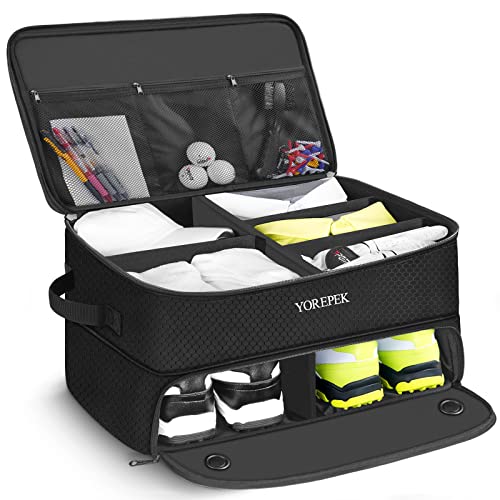 YOREPEK 2 Layer Golf Trunk Organizer, Golf Gifts for Men with Separate Ventilated Compartment for 2 Pair Shoes, Waterproof Car Trunk Locker for Balls, Tees, Clothes, Gloves, Gifts for Golfers - color: Large-Black