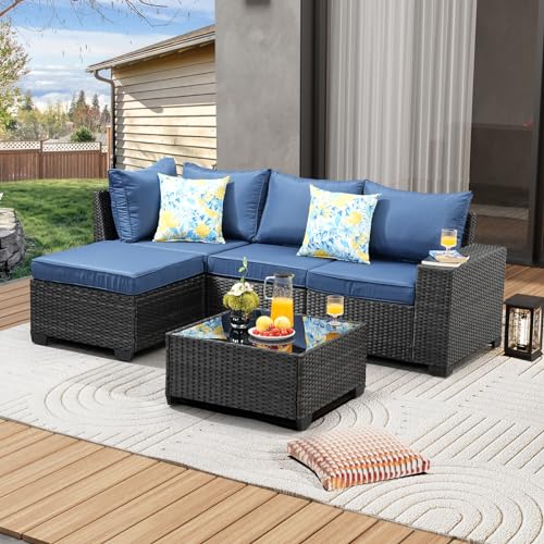 JOYURE 5 Pieces Patio Furniture Set All-Weather Outdoor Wicker Sectional Conversation Sofa Rattan Patio Seating Sofa with Cushion and Glass Table and Ottoman for Porch Poolside,Navy - color: Navy, size: 5 pieces set