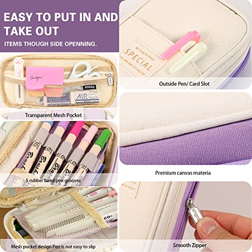 Large Capacity Pencil Case, Expandable Stationery Bag with Zipper compartments, Aesthetic Pencil Case Pouch for Office College School Students Teen Girls Boys - color: Purple Beige