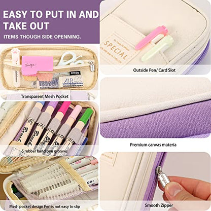 Large Capacity Pencil Case, Expandable Stationery Bag with Zipper compartments, Aesthetic Pencil Case Pouch for Office College School Students Teen Girls Boys - color: Purple Beige
